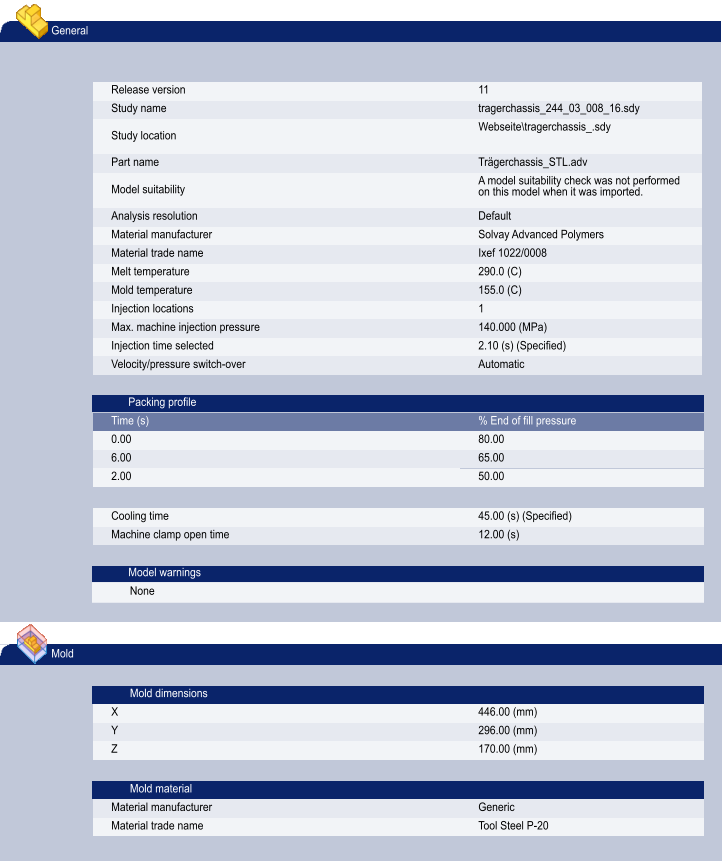General Release version 11 Study name tragerchassis_244_03_008_16.sdy Study location Webseite\tragerchassis_.sdy Part name Trägerchassis_STL.adv Model suitability A model suitability check was not performed on this model when it was imported. Analysis resolution Default Material manufacturer Solvay Advanced Polymers Material trade name Ixef 1022/0008 Melt temperature 290.0 (C) Mold temperature 155.0 (C) Injection locations 1 Max. machine injection pressure 140.000 (MPa) Injection time selected 2.10 (s) (Specified) Velocity/pressure switch-over Automatic Packing profile Time (s) % End of fill pressure 0.00 80.00 6.00 65.00 2.00 50.00 Cooling time 45.00 (s) (Specified) Machine clamp open time 12.00 (s)  Model warnings None Mold Mold dimensions X 446.00 (mm) Y 296.00 (mm) Z 170.00 (mm) Mold material Material manufacturer Generic Material trade name Tool Steel P-20